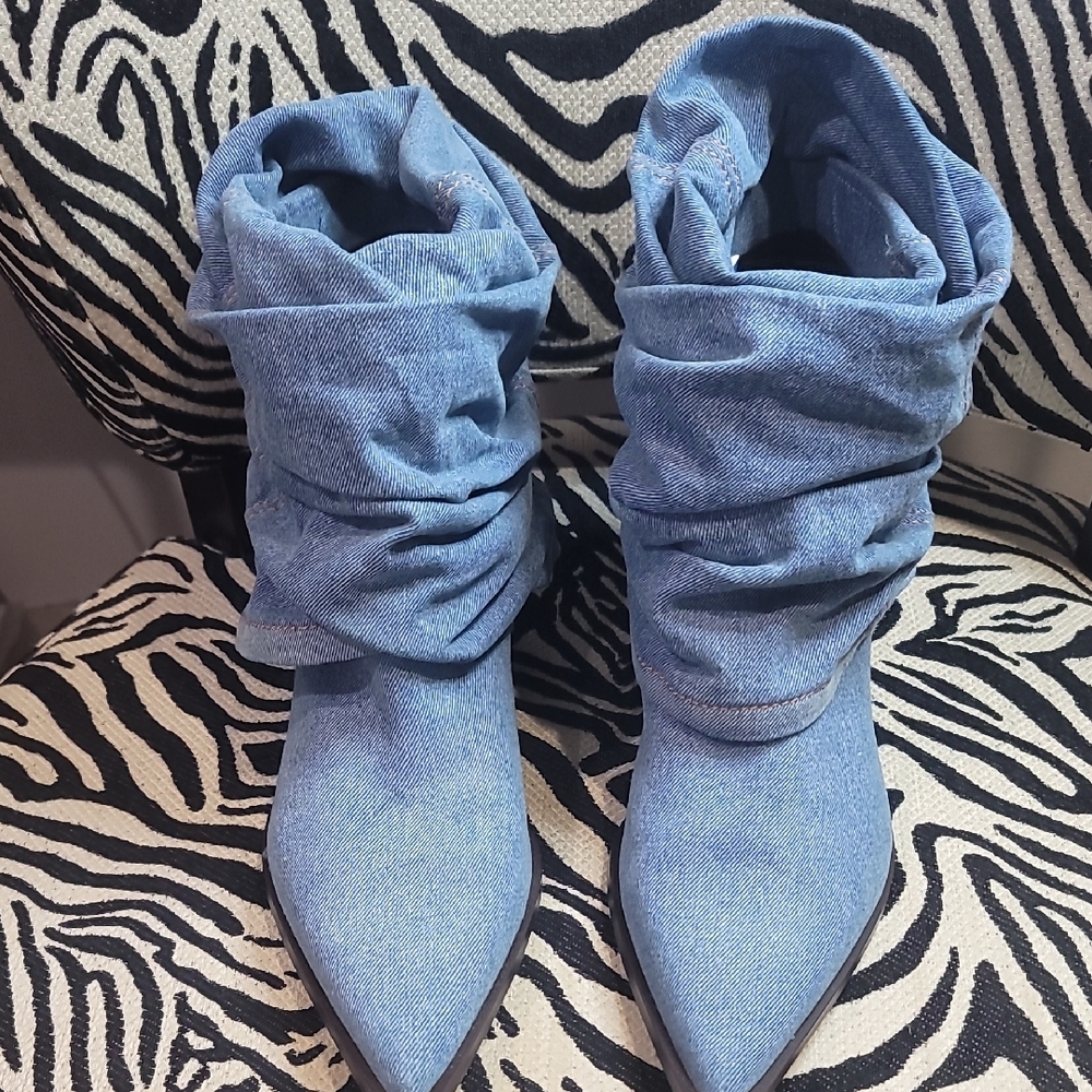 Zara Denim Slouchy Ankle Boots with Pointed Toe Size 10
